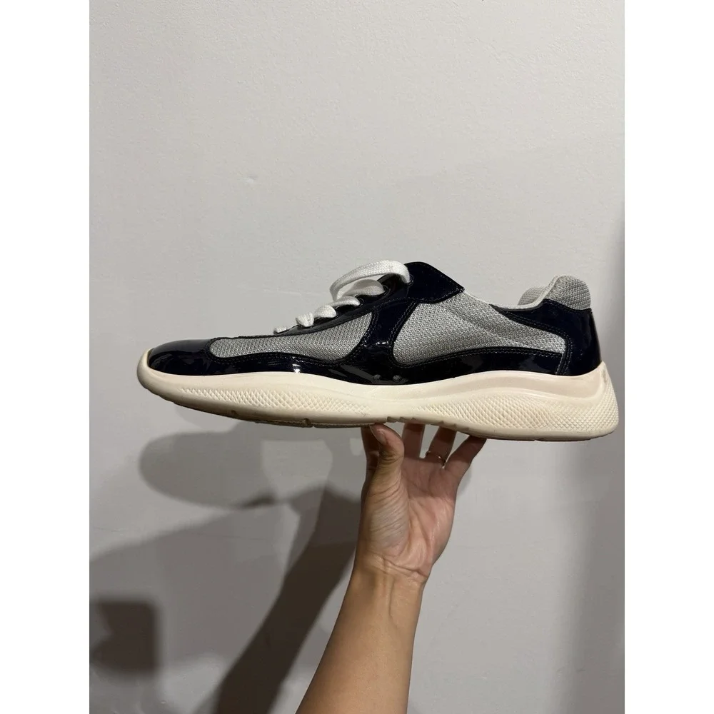 Prada Vernice Bike Patent Mesh Sneakers Navy/Silver Mens Size 11